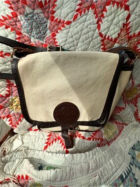 Canvas Crossbody Bag with Dark Brown Trim and Logo Patch